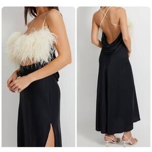 NWT PatBO Feather Trim Slip Dress Black Maxi Size 10 Formal Gown